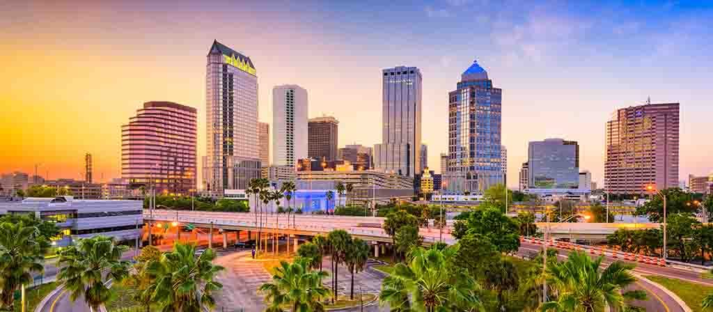 The Tampa skyline can be seen as the sun begins to set down in the evening.