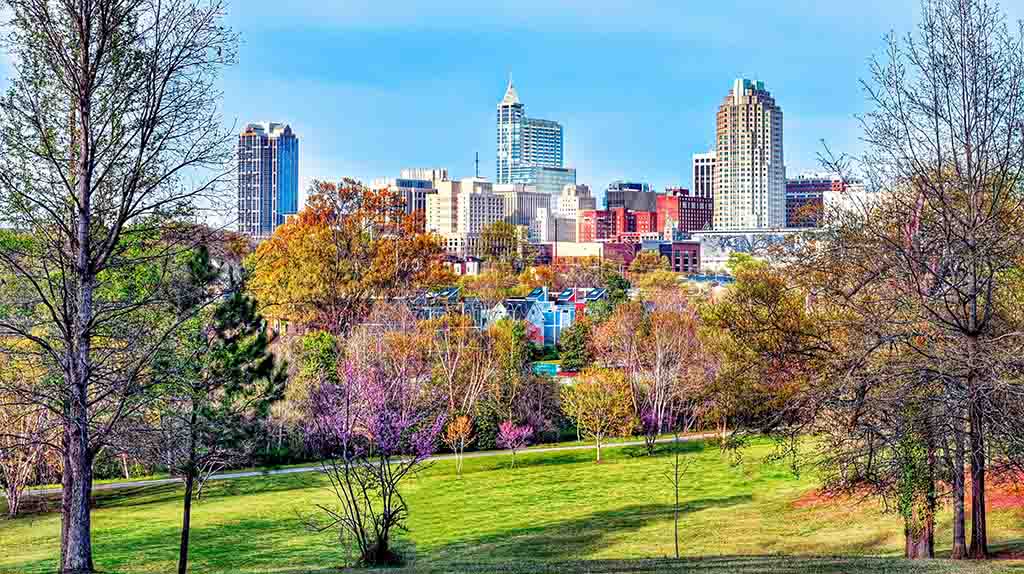 Downtown Raleigh can be seen in the background as trees line along the foreground of the city.