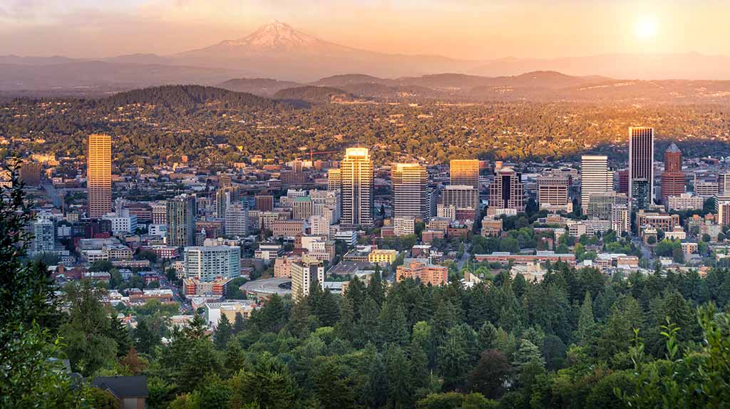 The city of Portland can be seen as the sun begins to rise with trees in the foreground. Portland movers can help you with all your moving needs.