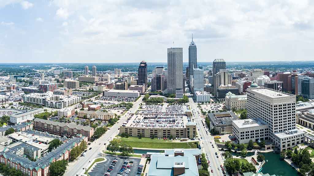 Downtown Indianapolis is shown on a mostly sunny day. The city of Indianapolis has a quite impressive culinary scene for residents and visitors.