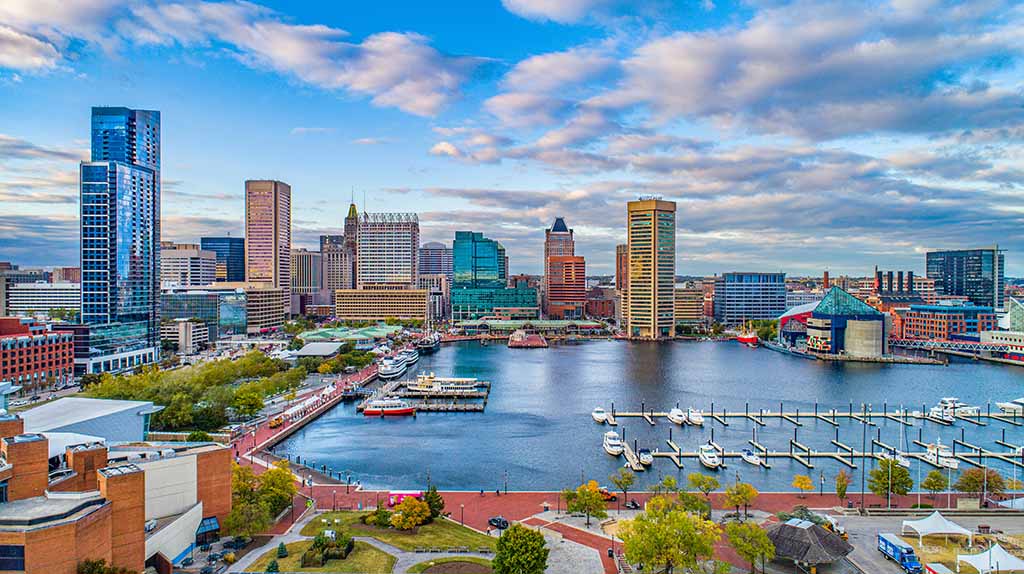 The harbor in Baltimore can be seen on a mostly sunny day.