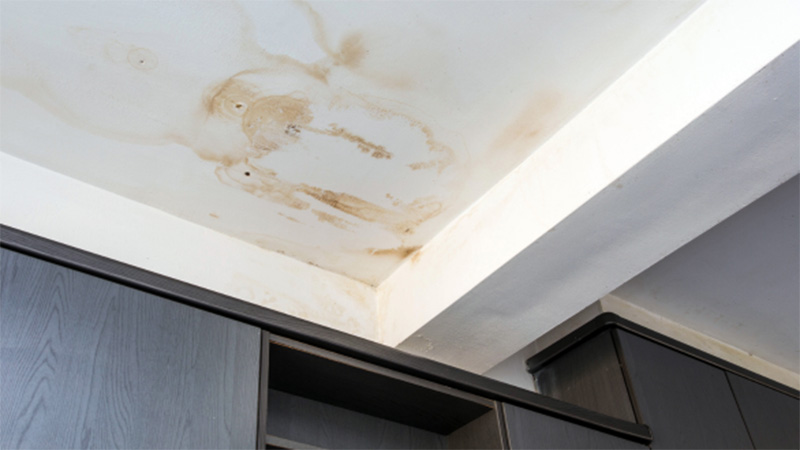 A ceiling inside a home shows water damage.